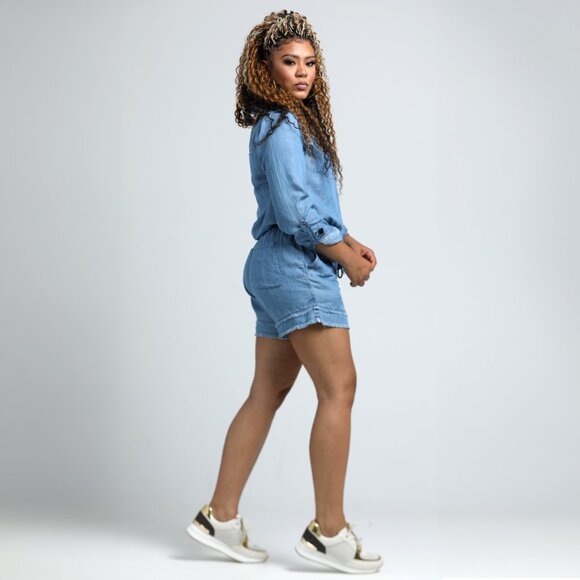 Button-Front Denim Romper - Picture 2 of 3